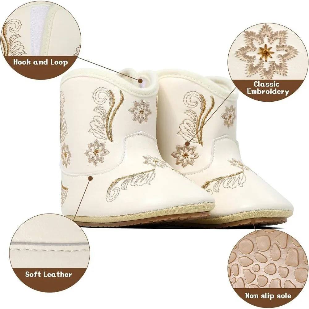 Infant Toddler White Embroidered Faux Leather Western Rubber Sole Tassel Booties